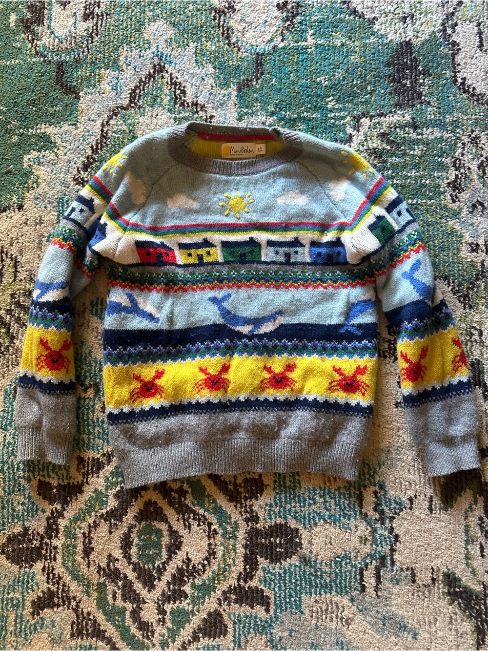 Mini Boden Light Blue Nautical Crewneck Sweater with Multicolor Motifs